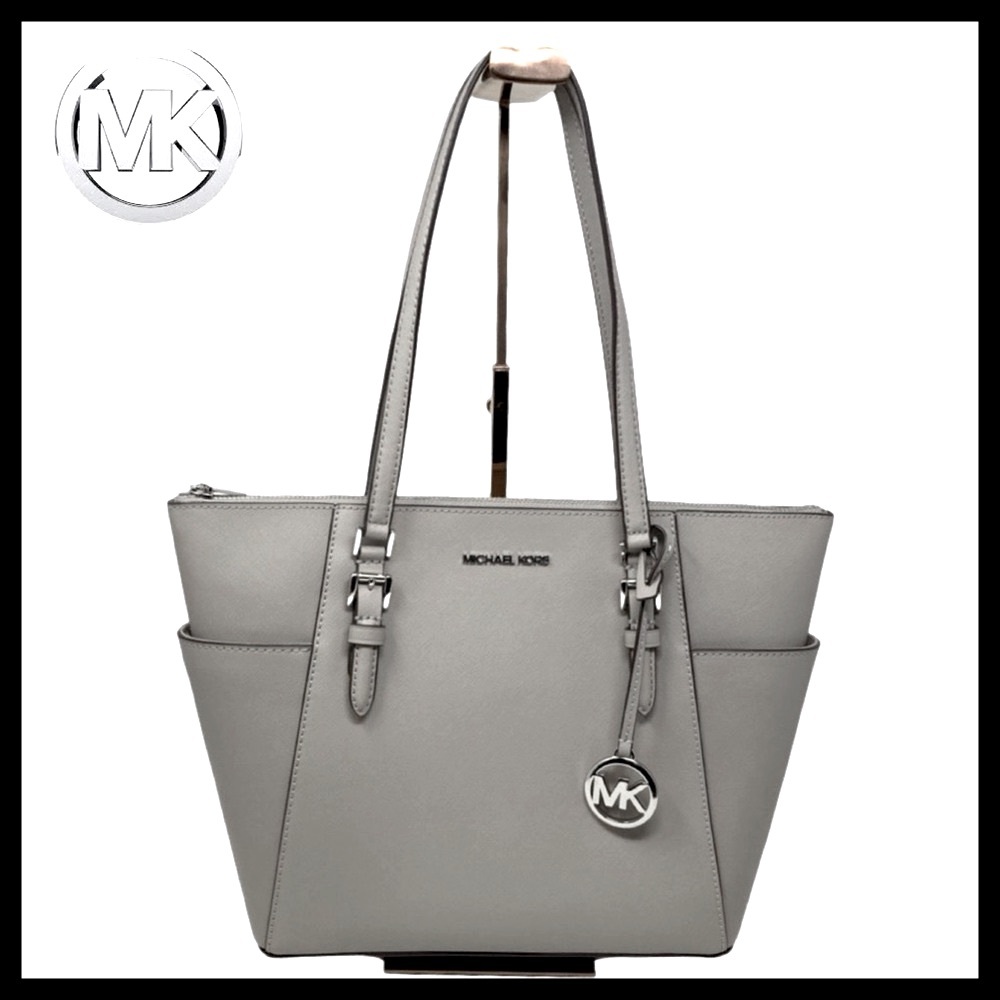 MICHAEL KORS Charlotte Large Saffiano Leather Tote Bag Pearl Grey
